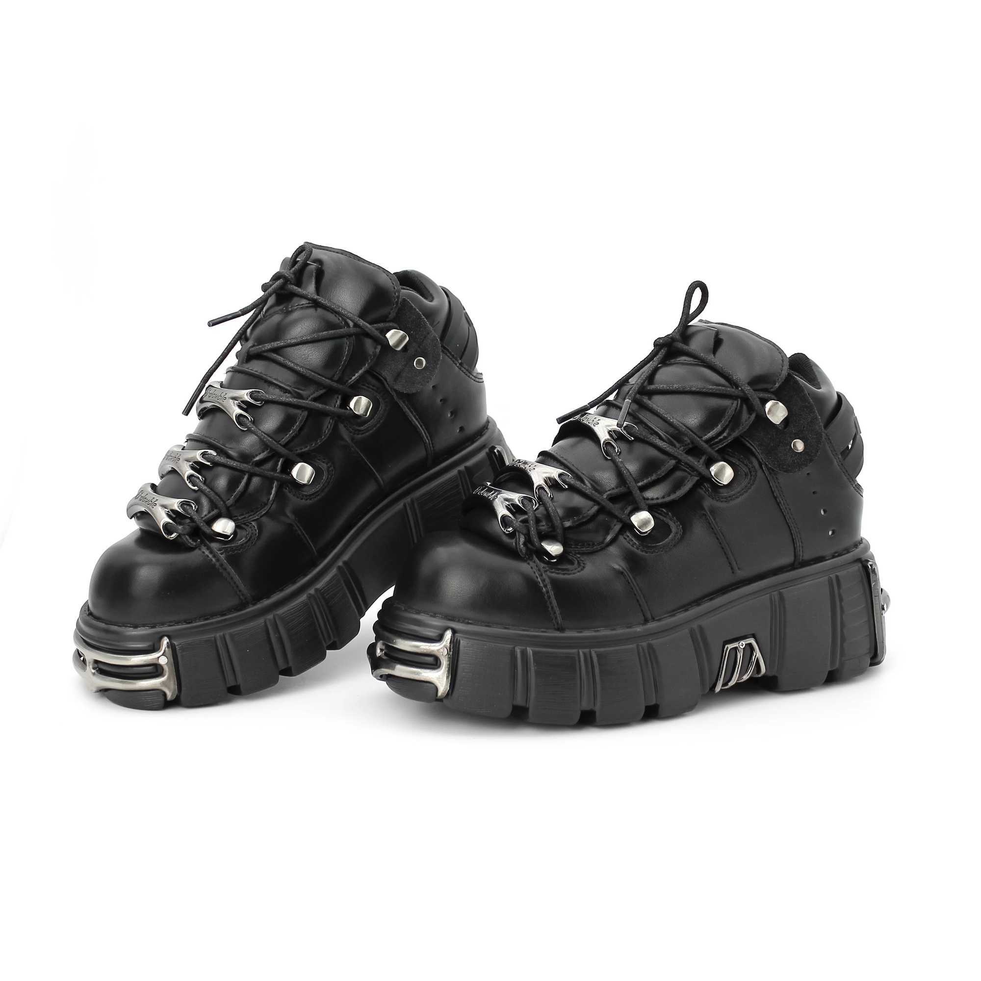 New 2024 Brand Punk Style Women Shoes Lace-up heel height 6CM Platform Shoes Woman Rock Boots Metal Decor Woman Sneakers Z250303