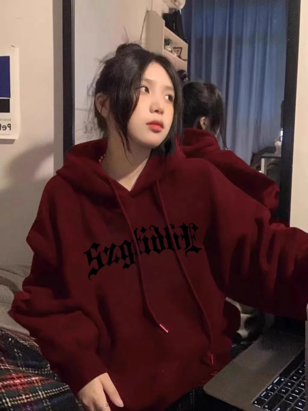 Burgundy Heavyweight Sweatshirt for Women Spring Fall Thin Hooded Loose Niche n LongSleeved 2024 Jacket Trend 250303Z