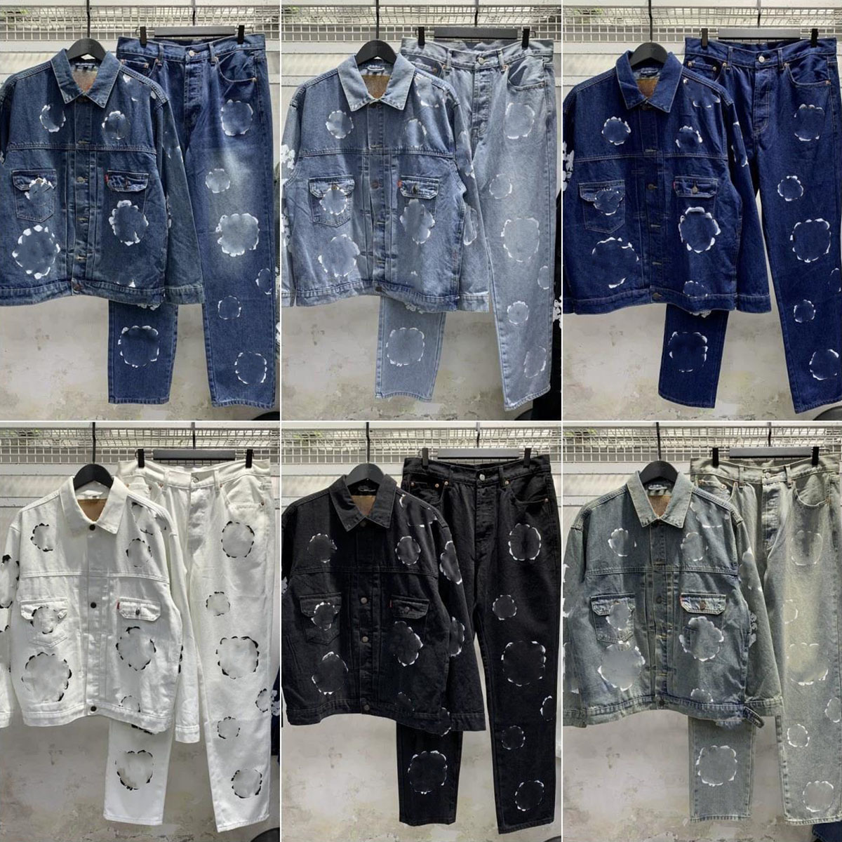Designer Mens Tracksuit Foam Floral Print Baggy Jeans Vintage Hip Hop Washed Denim Jacket Straight Pants Two Piece Set for Men Streewear