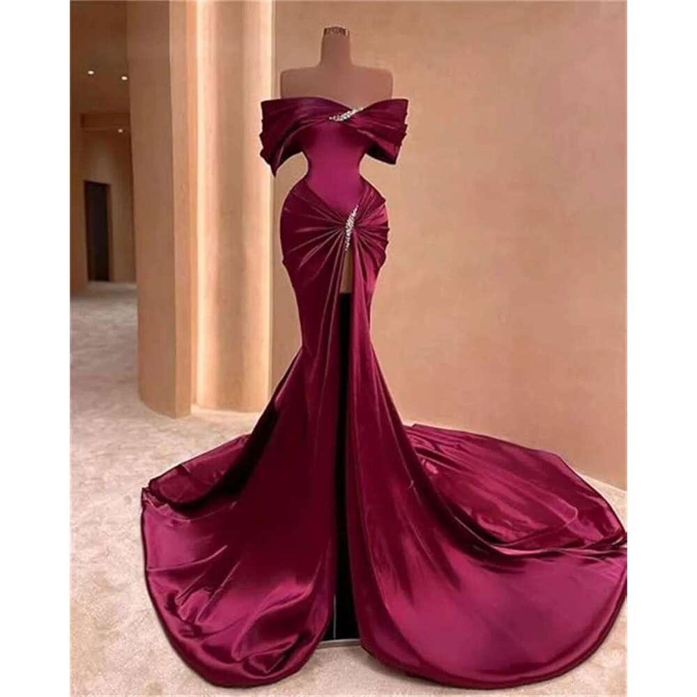 Customized Off Shoulder Satin Prom Dresses Side Slit Mermaid Beaded Long Formal Evening Gowns For Women With Train Pleated Dress