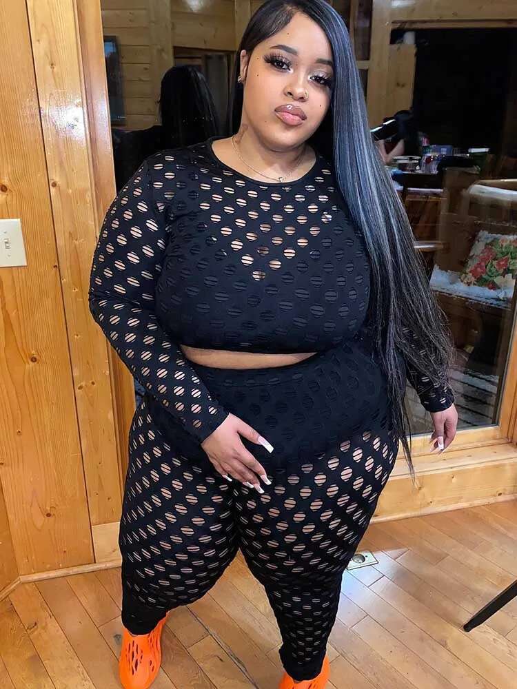 Plus Size Women 2 Piece Sets Spring Wear Round Neck Long Sleeve Crop Top And Pants Suit Hollow Out Black Mesh Sexy Outfits