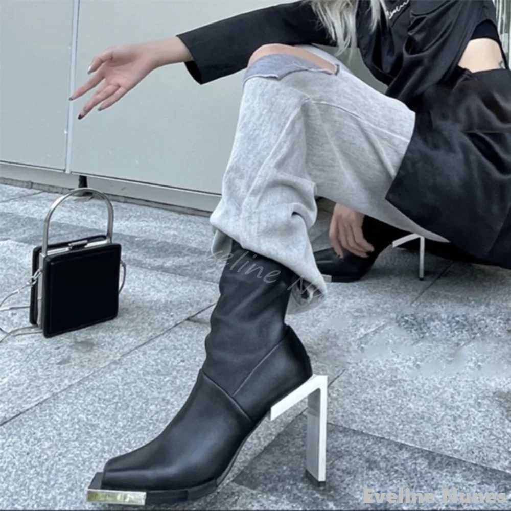 Metal Square Toe Chelsea Elastic Boots Strange Style Women Solid Genuine Leather Mid-Calf Boots 2024 winter Luxury Designer Boot Z250303