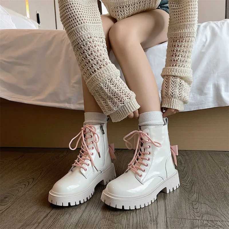 Boots For Women With Pink Bow Contrast Color Patent Leather Biker British Style Platform Ankle Boots Non-slip Thick Sole Shoes Z250303