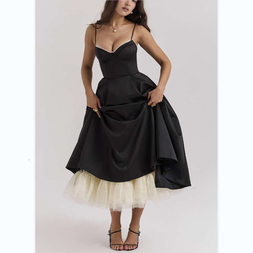 Women's Dress Sexy Women's New Camisole V-Neck Sleeveless Dress Fluffy Long Skirt