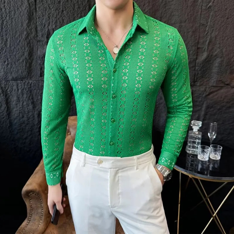 Sexy hollow shirt mens fashionable long sleeved shirt nightclub stage performance clothing casual social tailcoat streetwear 250224