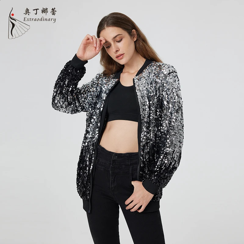 Fashionable womens sequin multicolor winter jacket with zipper collar and cuffs 250228