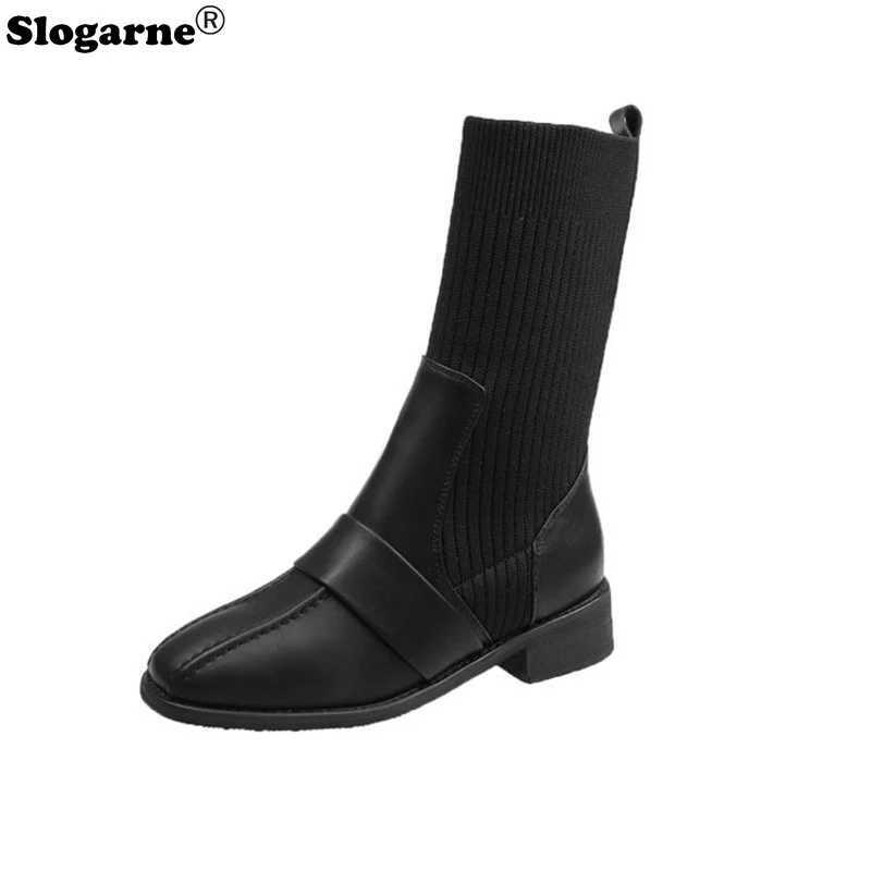 2025 Women Sexy Sock Boots Spring Shoes Korean Weave Middle Boots Knitted Boots High Quality Leather 4CM Heels Shoes Z250303