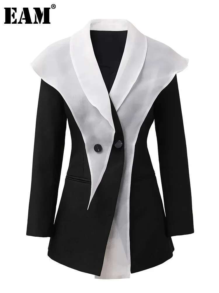 EAM Black Fake Two Pieces Elegant Blazer Women New Lapel Long Sleeve Loose Fit Jacket Fashion Tide Spring Autumn 2025 Cpdb137