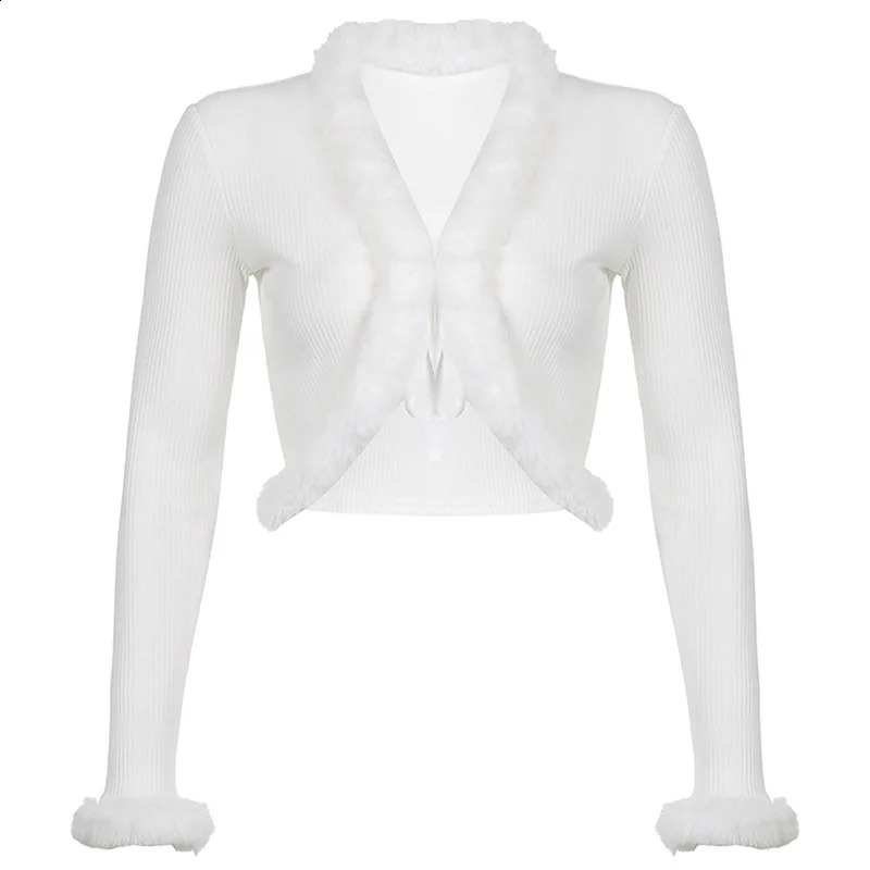 Womens Y2K Knit Cardigan Faux Fur Trim Solid Color Long Sleeve Button Down Ribbed Sweater Coat Casual Short Jacket 250225