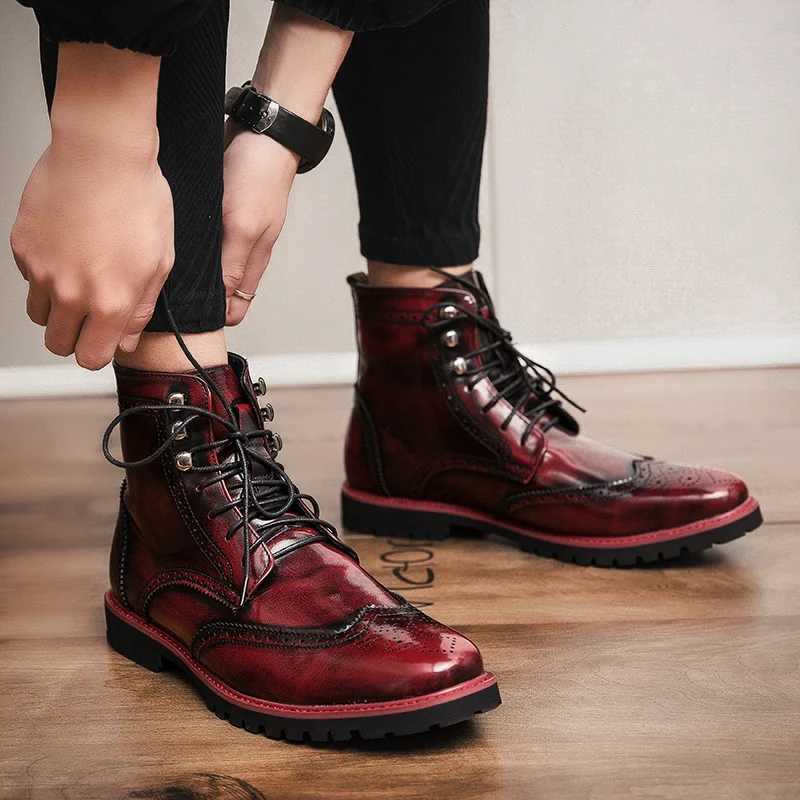New Style Red Mens Leather Boots Fashion Lace-up Casual Ankle Boots for Men Luxury High-top Dress Shoes Men Cowboy Boots Z250303