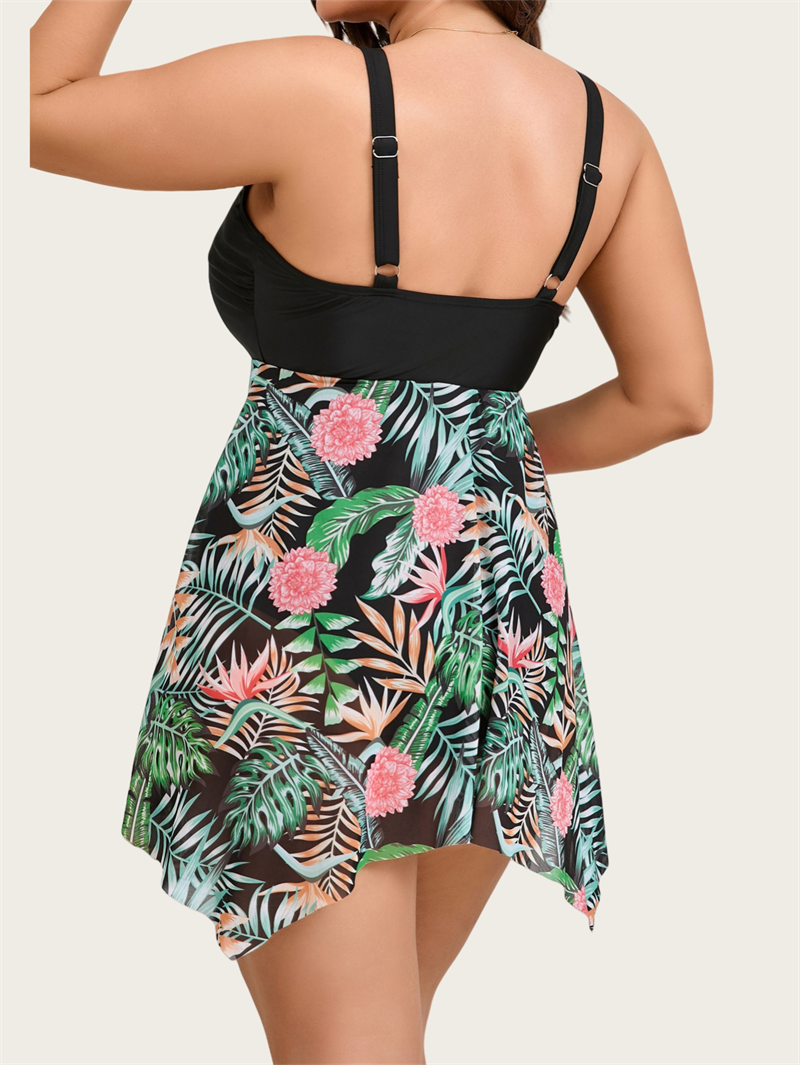 Women'S Plus-Size V-Neck Cross Strap One-Piece Swimsuit with Tummy Control, Paired with Shorts And Featuring a Mesh Irregular Hem