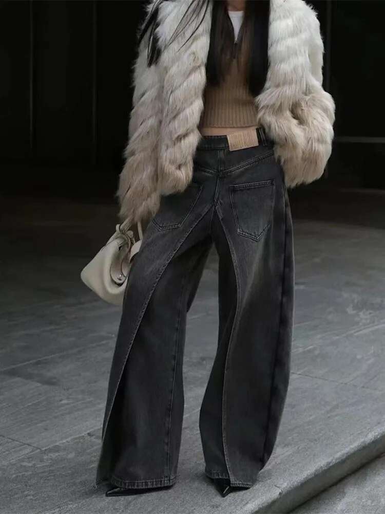 Spliced Design Women Hip Hop Baggy Wide Leg Denim Pants Trendy Vintage High Waist Fake Two-Piece Jeans Trousers