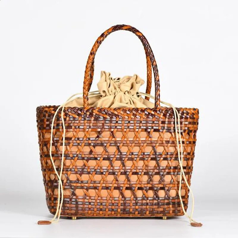 2024 Womens Genuine Leather Woven Shoulder Bag with Inner Bag Weaving Casual Shopping Bag Vintage Tote Purse 250305