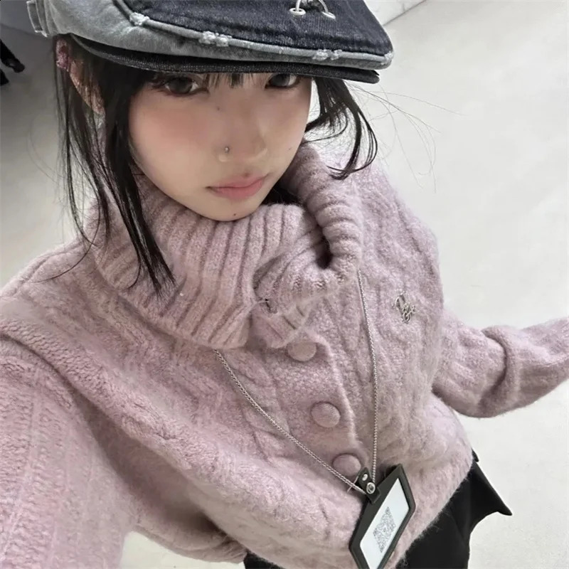 2025 Pink Knitted Sweater for Women Fashion Allmatch Turtleneck Cardigans Long Sleeve Loose Tops Outwear 250225