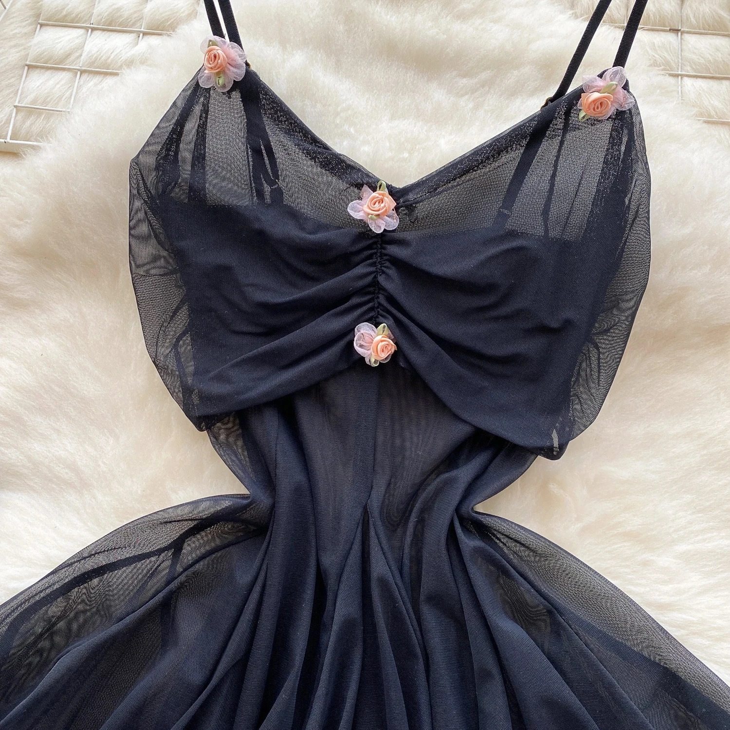 Sensual Transparent Gauze Camisole Short Night Dress Ladies Folds Flower Ball Gown Sleepwear Nightwear Women Sweet Sexy Pajamas 250227Z