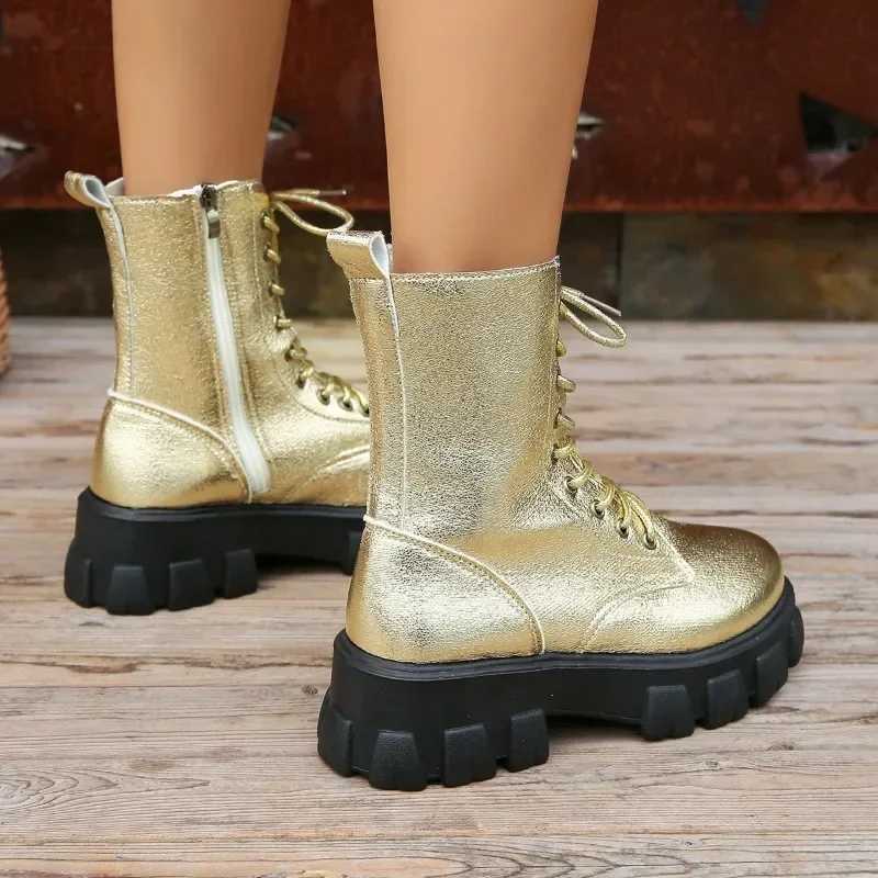Shining gold womens boots 2023 new high top lace motorcycle boots street fashion casual platform boots womens Zapatos De Mujer Z250303