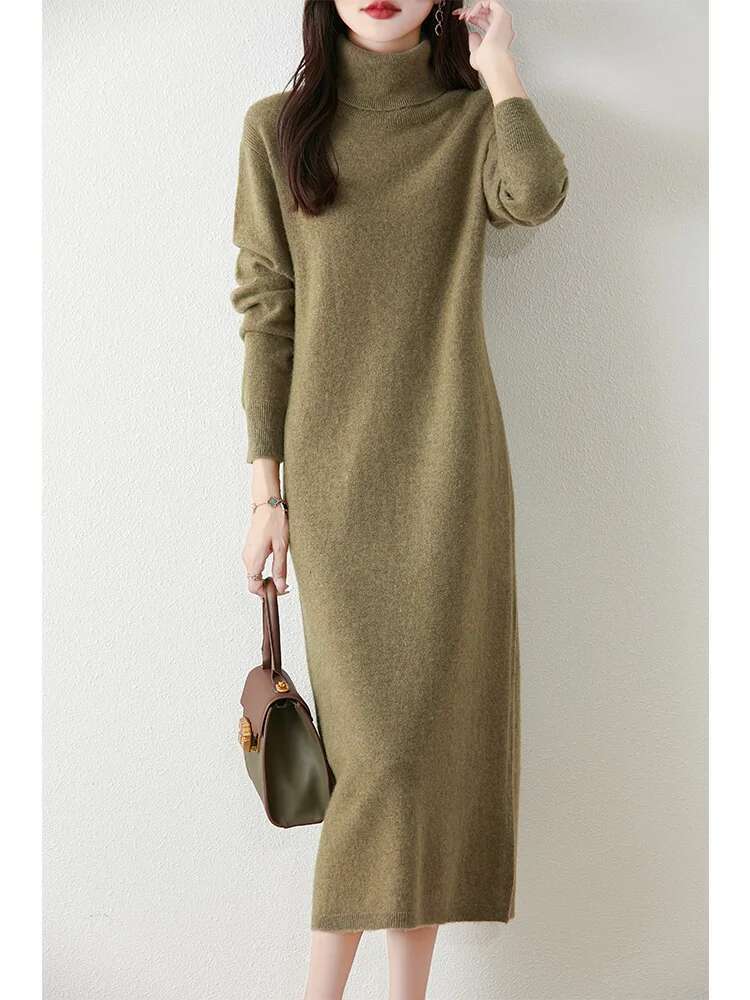 Autumn Winter Women's Turtleneck Sweater Dress Basic Pullover Casual Cashmere Skirt 100% Merino Wool Knitwear Soft Clothing