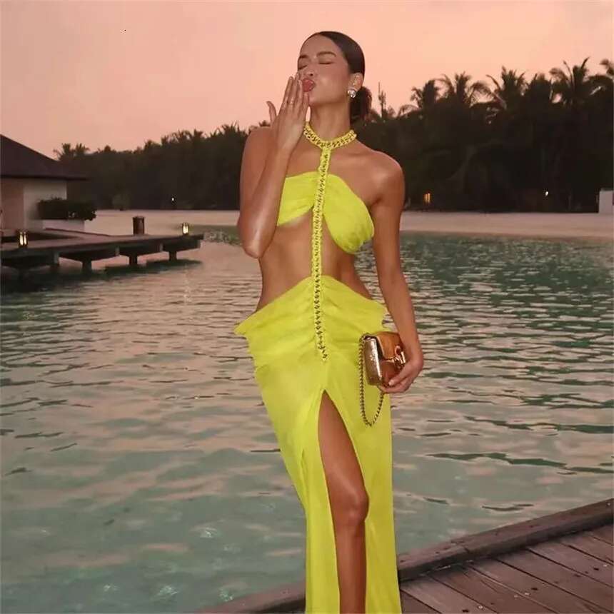Women's Backless Beach Yellow Halter Neck Pleated Metal Chain New Vacation Camping Elegant Dress Fashion Designer