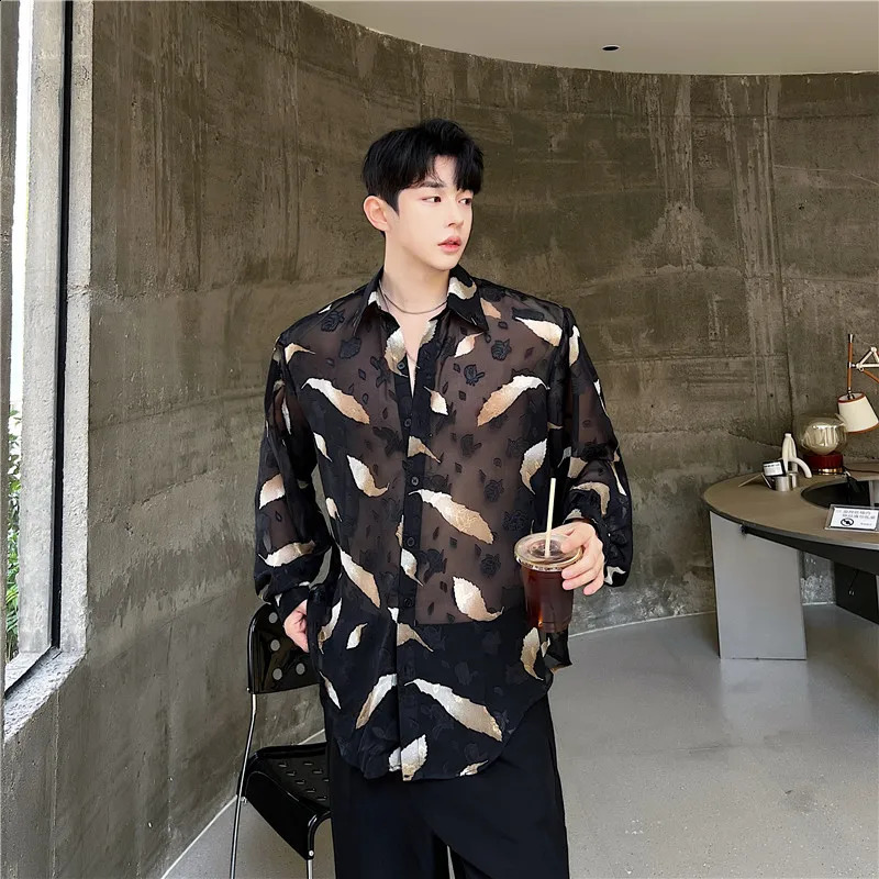 Mens Sexy Feather Hollowed Out Shirt Mens Lapel Long Sleeved Transparent Clothing Streetwear Casual Loose Trendy Tops 250224