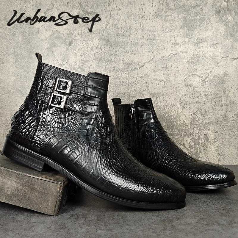 Luxury Men Ankle Boots Shoes Black Crocodile Printed Zipper Chelsea Double Buckle Genuine Leather Dress Men Boots Z250303