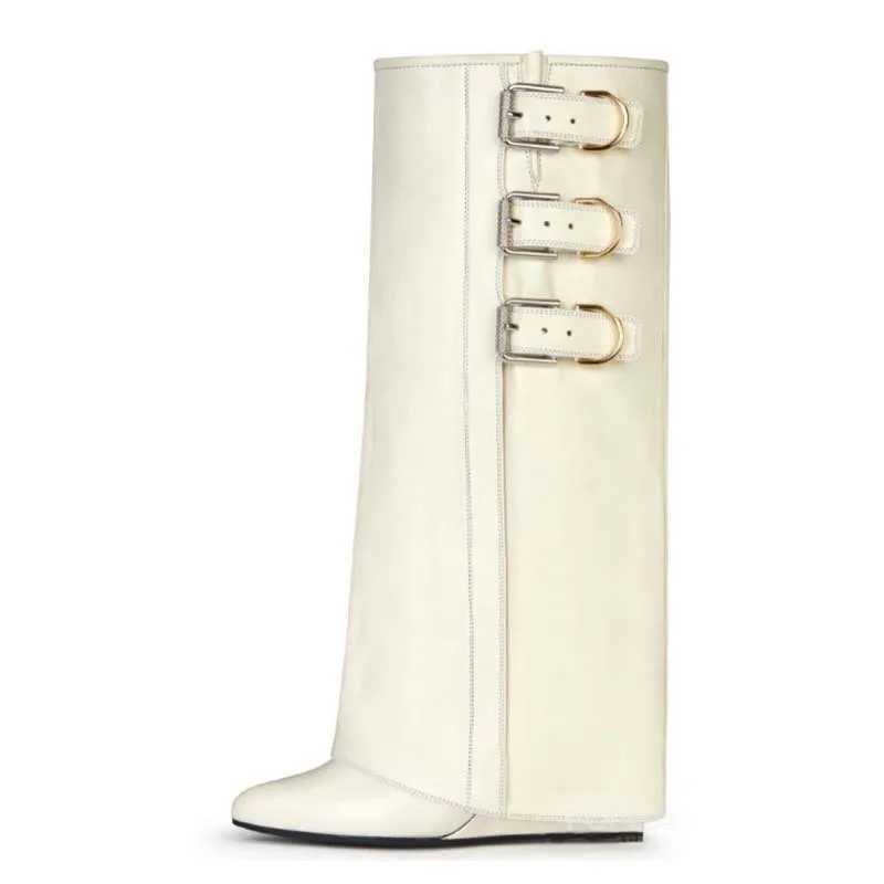 Black belt buckle sliding wedge Trouser womens winter 2024 red dot toe mid calf boots fashionable luxury womens shoes Z250303