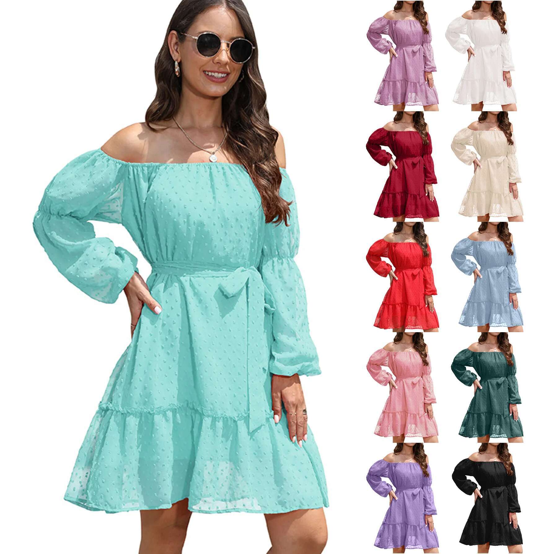 Women's Beach 2024 Spring Summer Women Elastic Collar Long Sleeved Chiffon Waistband Off Shoulder Ing Dress