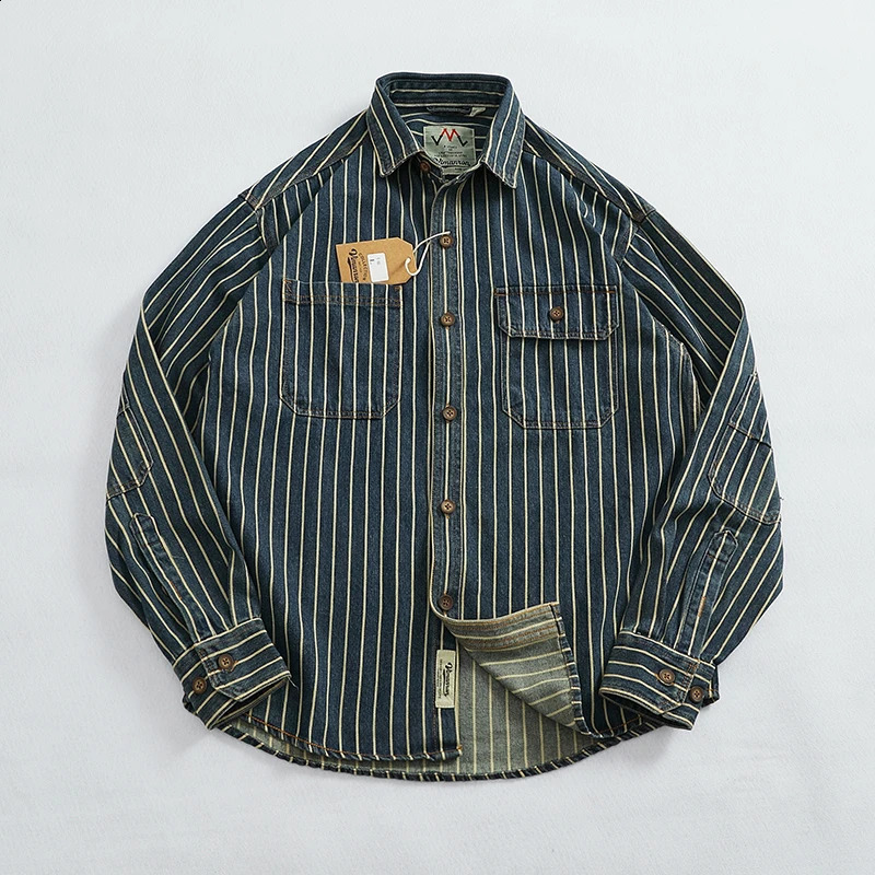 Heavy duty vertical striped cargo denim shirt mens old washed cotton elbow sticker fabric lapel long sleeved jacket 250226