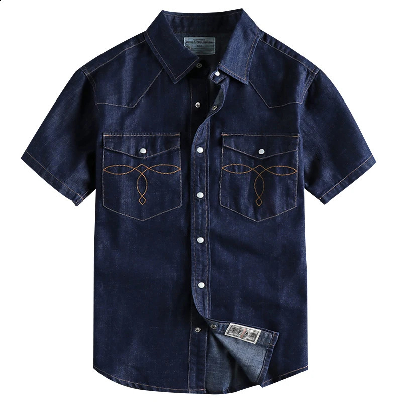 Summer American Retro Short Sleeve Lapel Denim Cargo Shirt Mens Fashion Pure Cotton Washed Old Multipocket Casual Blouses 250226