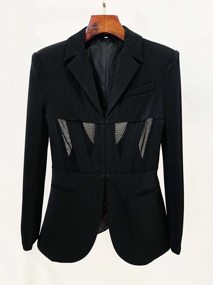 HIGH STREET Newest 2024 Designer Runway Suit Set Women's Perspective Gauze Patchwork Blazer Pencil Pants