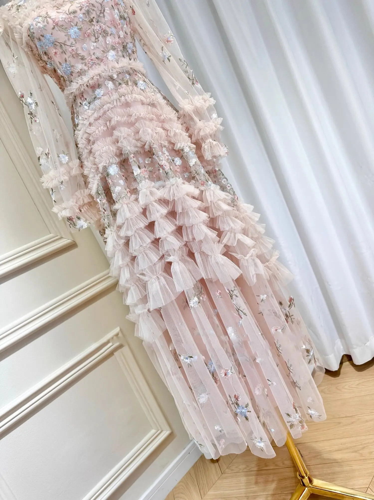 Summer Autumn Fashion Flower Embroidery Lace Prom Evening Dres Long Sleeve Layers Wooden Ear Edge Midi Cake Dresses Party 250303 - view 3