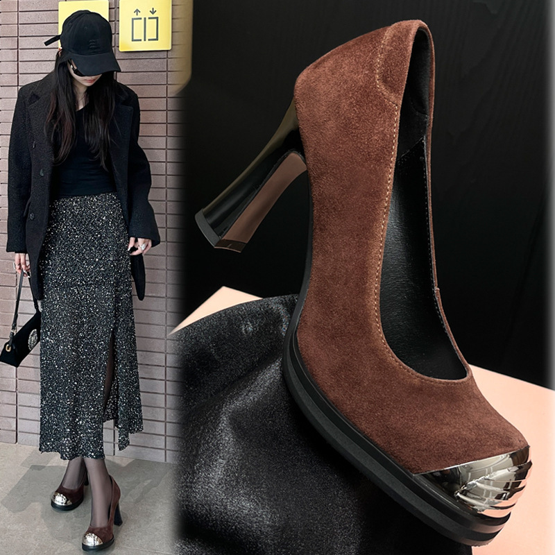 New Style Spicy Girl Temperament Metal Head High Heels Commuting Mary Jane Women's Single Are Not Tired Feet Shallow Mouth Thick Heel Small Leath