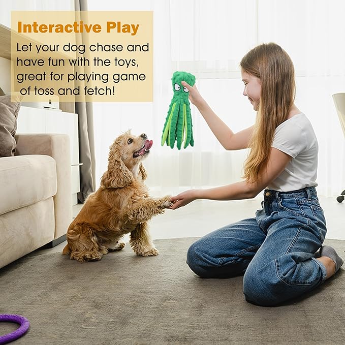 Dog Squeaky Toys Octopus No Stuffing Crinkle Plush Toys for Puppy Teething, Durable Interactive Chew Toys for Small, Medium and Large Dog Reduce Bored