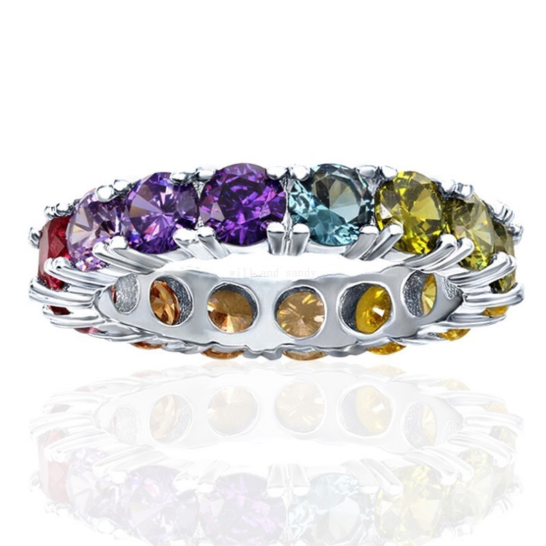 Multicolor CZ Rainbow Diamond Ring Band Charm Engagement Wedding Rings for Women Gift Fine Jewelry