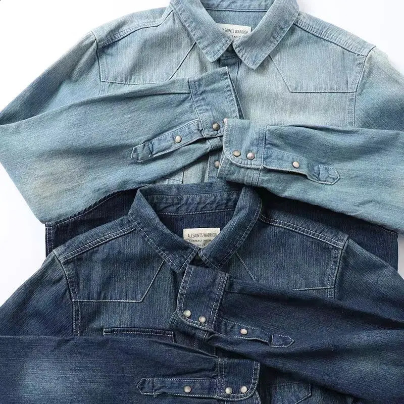 American British Style Khaki Retro Heavyweight Washing and Old Mens Workwear Clothes Long Sleeve Denim Shirt Jacket Men 250226