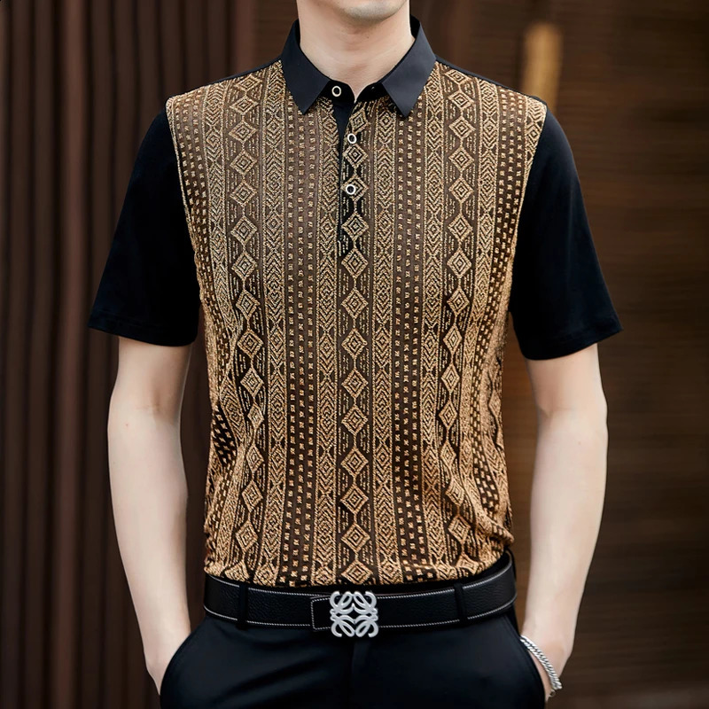 Contrast Color Striped Polo Shirts For Men Short Sleeve High-End Summer Quality Soft Comfortable Hollow Silky er Shirts 250226