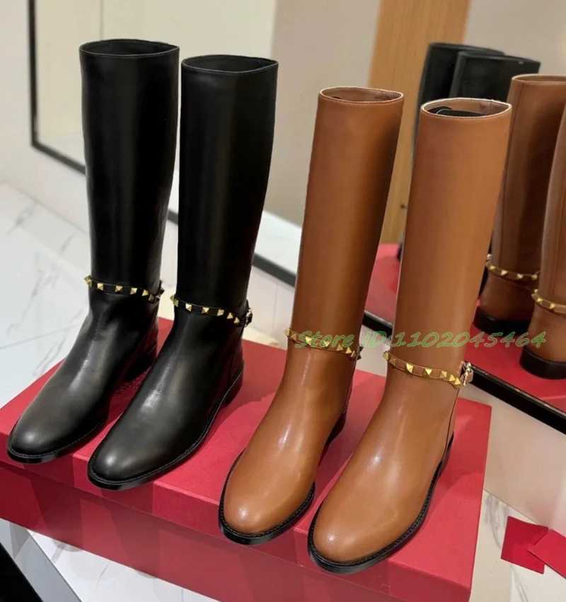 BlackBrown Flat Leather Knee High Boots Soft Womens Round Toe 2024 Winter Pull on Long Boot Luxury Designer Shoes Z250303