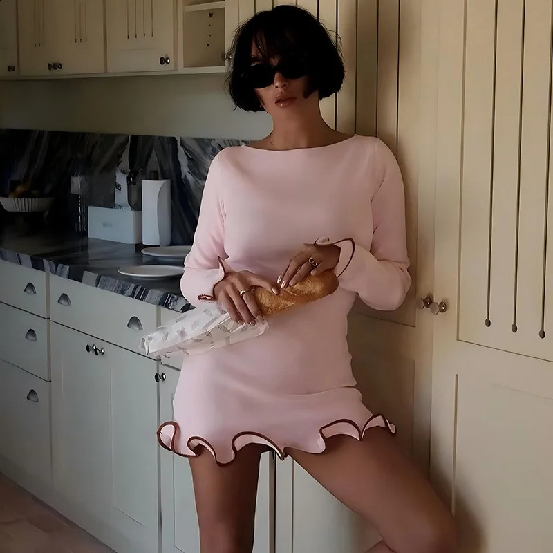 womens dress elegant round neck pleated long sleeved casual slim fit pink sexy black short skirt street chic party 250228