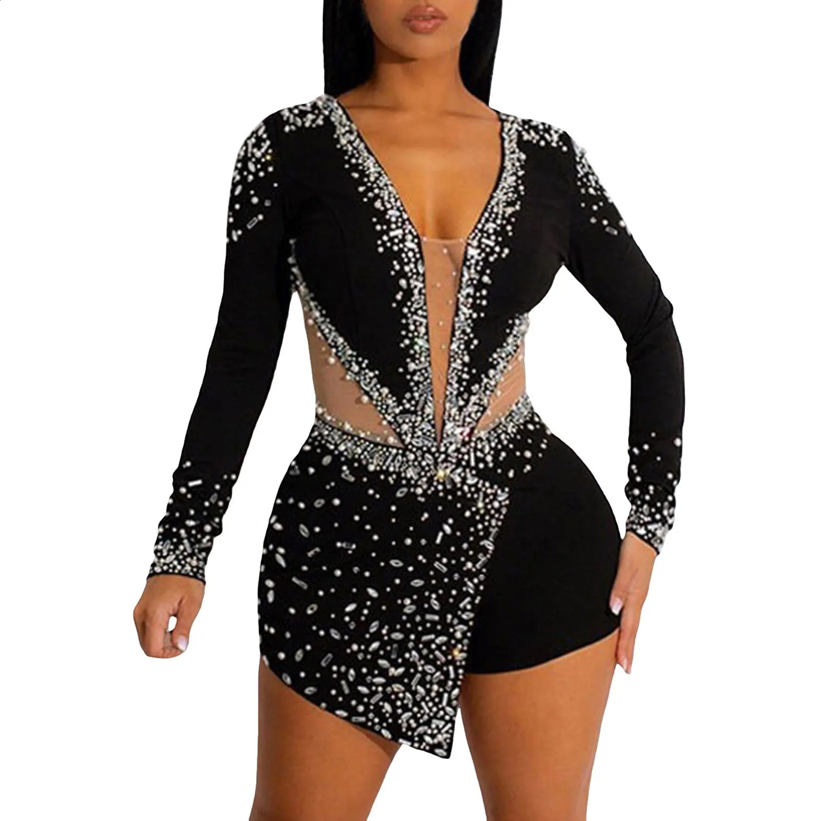 Sexy bodysuit with mesh stitching rhinestone deep Vneck long sleeved top sequined glitter nightclub party jumpsuit 250228
