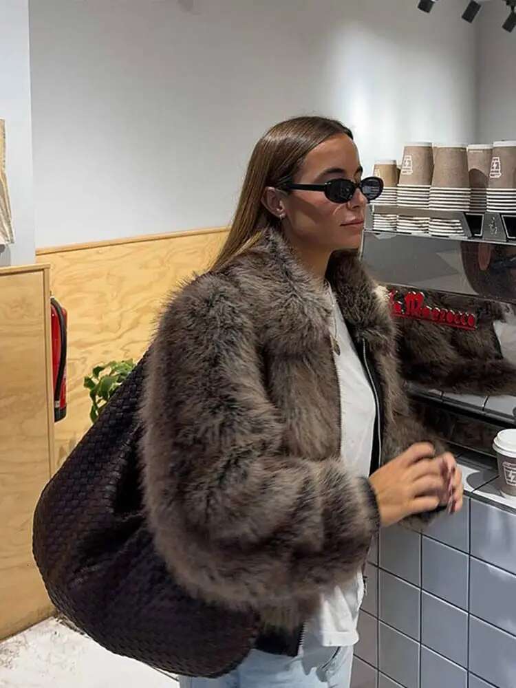 Retro Zipper Faux Fox Fur Short Coats Women Casual Loose Long Sleeved Jackets Female Autumn Winter Chic High Street Outwear Tops