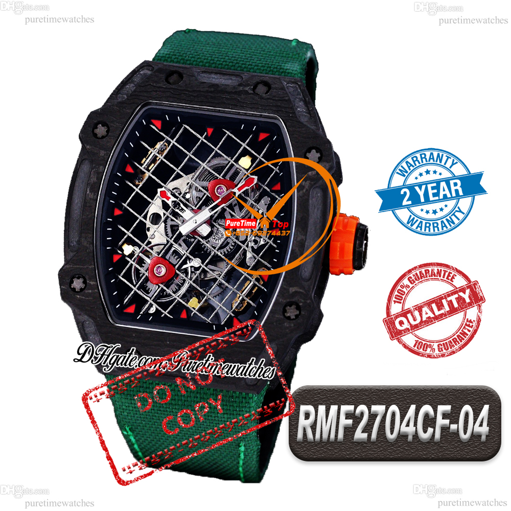 27-04 Rafael Nadal A23J Automatic Mens Watch RMF Black NTPT Carbon Tennis Racket Skeleton Dial Green Nylon Strap Puretimewatches Reloj Hombre Montre CHS A04