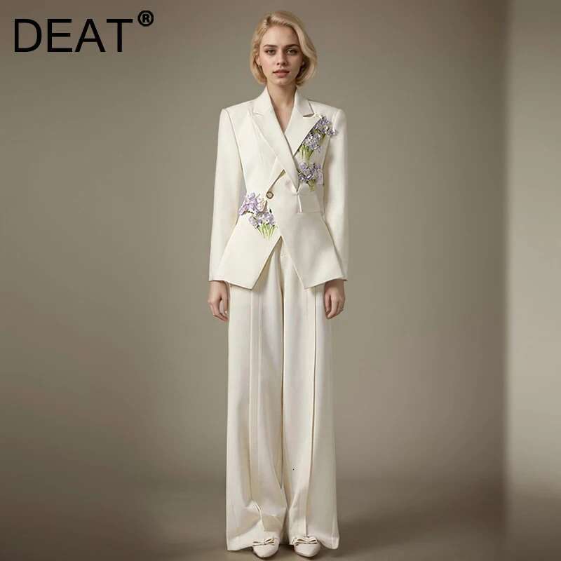 DEAT Fashion 2 Piece Set Women's Cross Deconstruction Ral Blazer High Waist Straight Full Length Pant Suit New