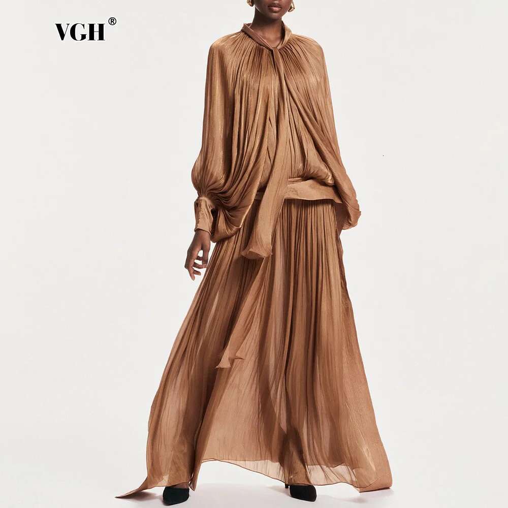 VGH Minimalist Spliced Folds Maxi Dresses For Women Scarf Collar Lantern Sleeve Loose Waist Casual Temperament Dress Female New
