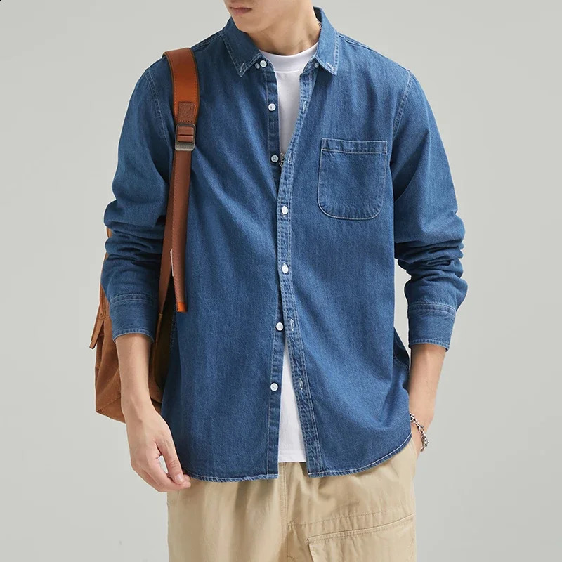 100 Cotton Mens Denim Shirt Long Sleeve Black Blue Drop Shoulder Button Pockets Cowboy Loose Casual Work Jeans Shirts 250226