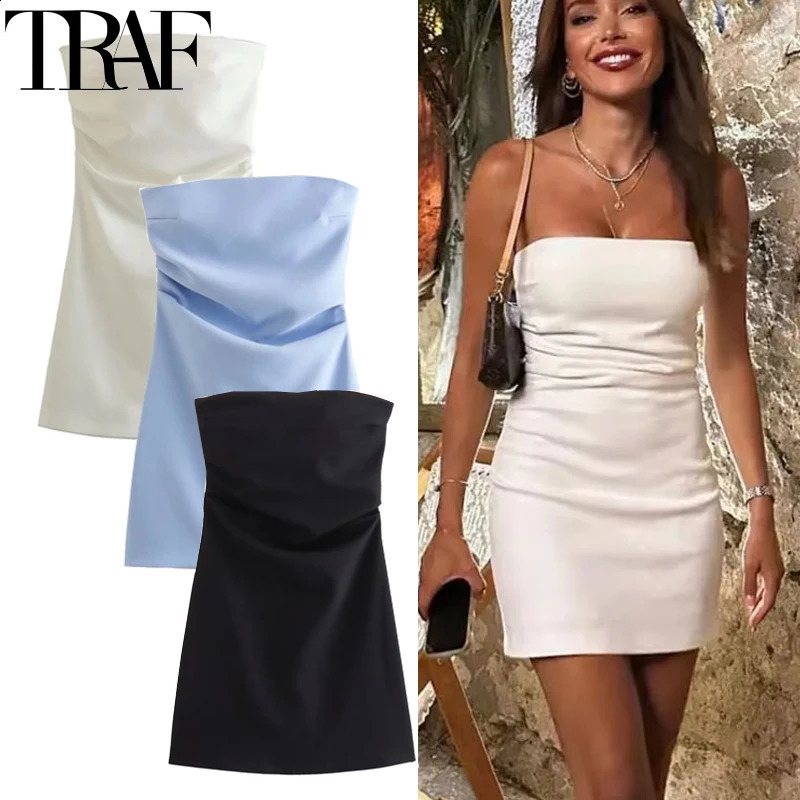 TRAF dress womens off shoulder tight corset short sleeved strapless blue black and white sexy party 250228