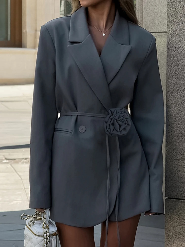 Wer Belts Blazer Coat Women Autumn Winter Notched Collar Double Breasted Fashion Long Sleeve Suit Jackets Office Wear