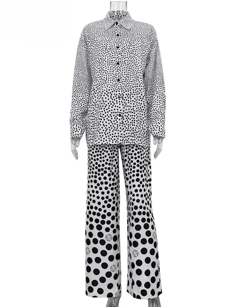 Casual Loose Print 2 Piece Sets Women Long Sleeve Button Shirts And High Waist Wide Leg Pants Matching Suit Chic Streetwear