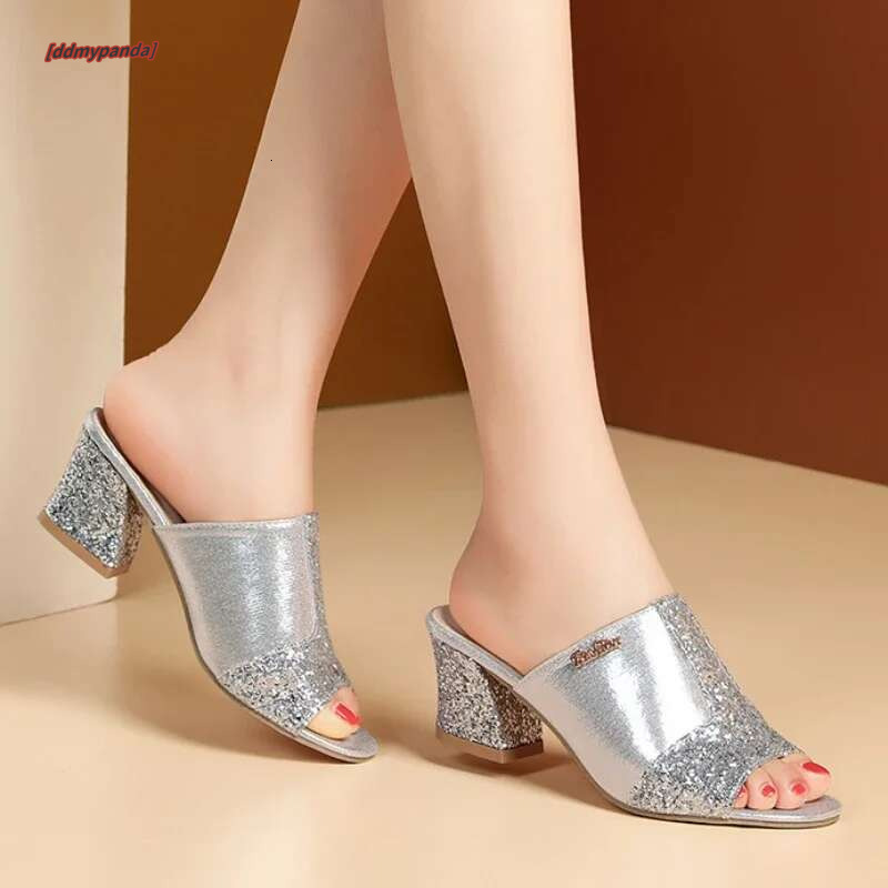 Plus Size 43 2025 New Summer Fashion Sequin Cool Outer Wear Women's Thick Heel Slippers Ladies Sandals #ddmypanda