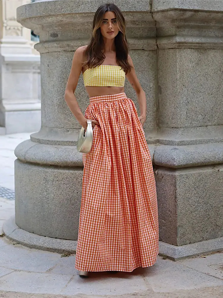 Elegant Women Vest Skirt Sets Sexy Sleeveless Crop Top High Waist A-line Long Skirts Female Suit 2025 Spring Summer Lady Outfits 250228