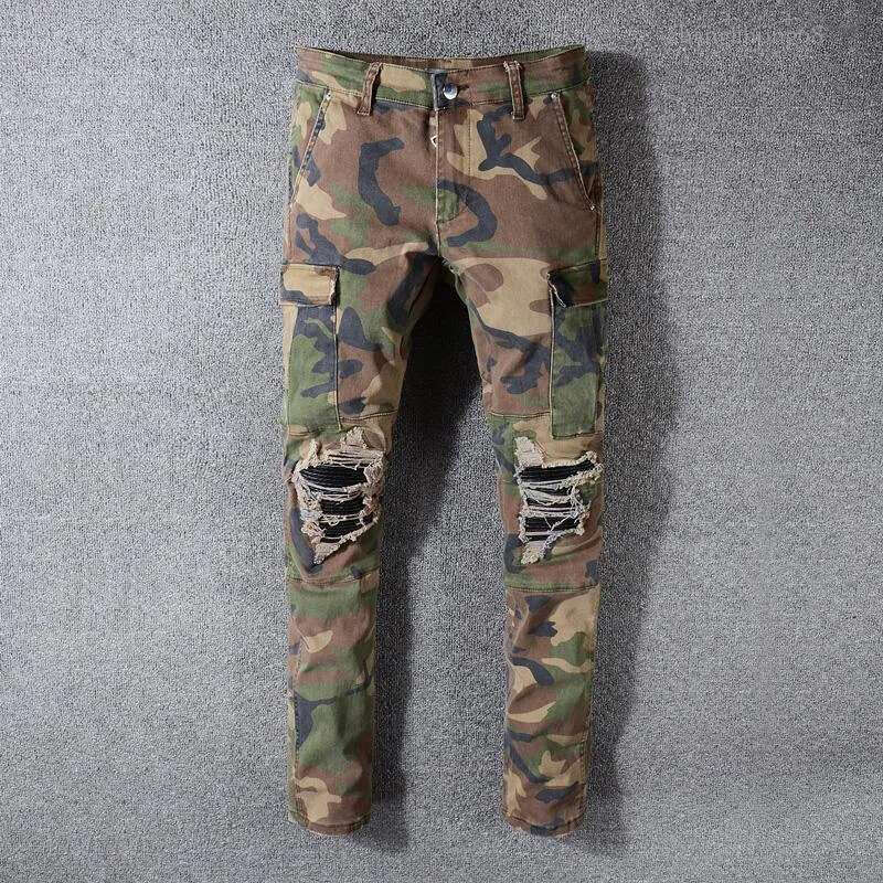 2021 Men's Jeans Streetwear Fashion Men Camouflage Military Big Pocket Denim Cargo Pants Slim Fit Hip Hop Ripped Punk Tro