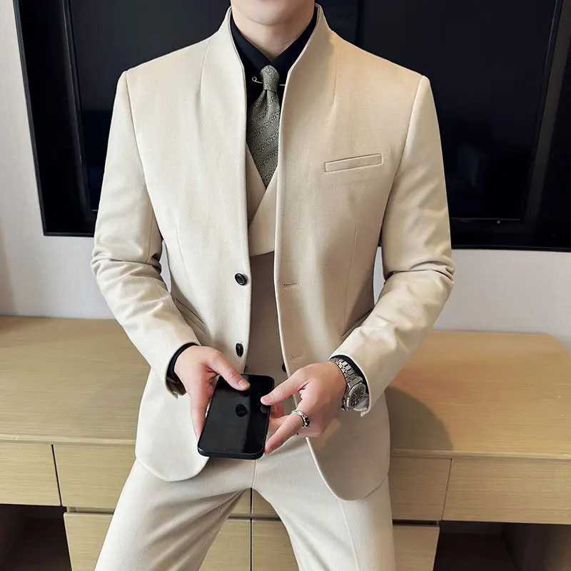 Korean Style Mens Suit Set Slim Fit Business Suit Wool Blazer Three Piece Set Elegant Social Formal Mens Clothing 5XL-M M250303
